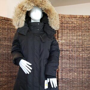 Andrew Marc Samantha Genuine Coyote Fur Trim Hood Down Coat Parka Solid Black